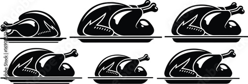 Collection of six stylized black and white roasted whole chickens on platters in a grid layout
