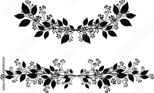 Elegant black silhouette of delicate floral branches and leaves forming decorative borders and frames on white background