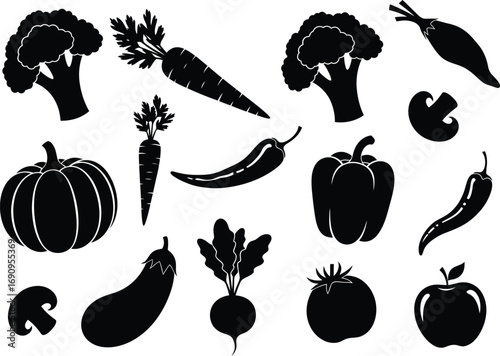 Collection of black silhouette illustrations of fresh vegetables and fruits on white background
