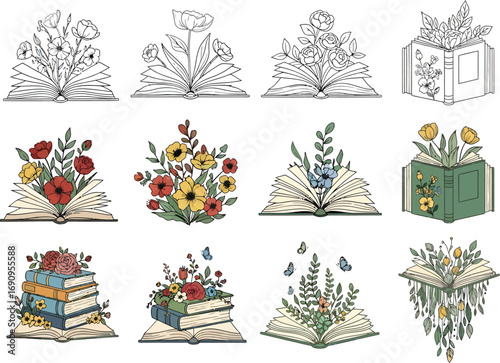 Collection of artistic hand drawn illustrations of open books with blooming flowers and foliage