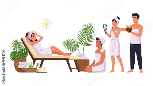 Tranquil Spa Experience: Witness individuals unwind and rejuvenate in a serene spa scene, enjoying holistic wellness practices, relaxation, and self-care rituals.