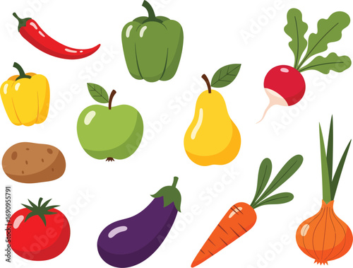 Collection of fresh colorful and healthy vegetables and fruits arranged on a white background