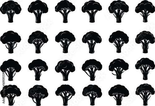 Collection of twenty four black silhouette broccoli florets arranged in four rows on a white background