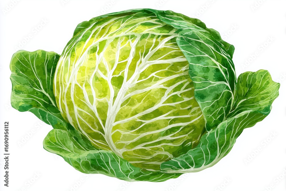Fototapeta premium Watercolor illustration of a fresh, detailed cabbage head with green leaves, isolated on white background