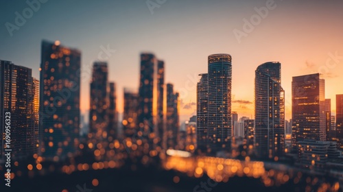 Urban Skyline at Sunset with Blurry City Lights and Warm Glow