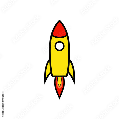 Cartoon yellow rocket ship with red tip and flames isolated on transparent background