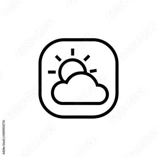 Simple line art icon of sun partially hidden by a cloud forecast symbol
