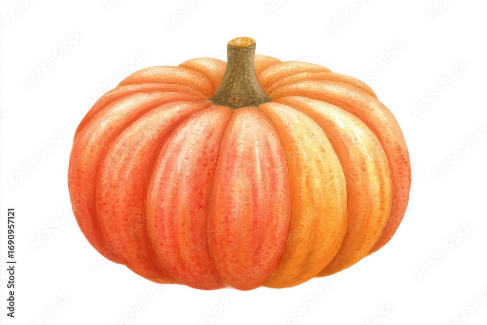 Obraz premium Watercolor illustration of a plump, orange pumpkin with a textured stem, isolated on white background