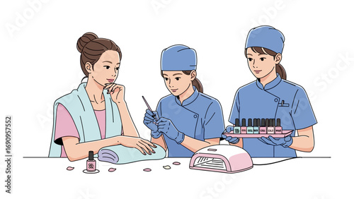 Three women in a nail salon one receiving a manicure another applying polish and a third holding nail polish bottles and brushes