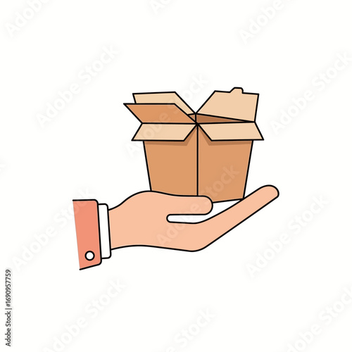 
Hand holding takeout food box. Online delivery & unboxing service vector icon.