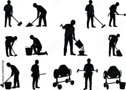 Silhouette of construction workers using shovels, hammers, buckets, and cement mixers at building site, manual labor, teamwork, tools, and construction equipment