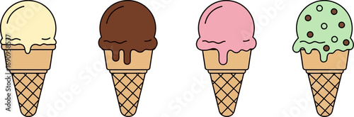 Four delicious ice cream cones in assorted flavors perfect for summer treats vector