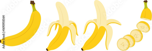Four stages of banana preparation showing peeling and slicing progression vector
