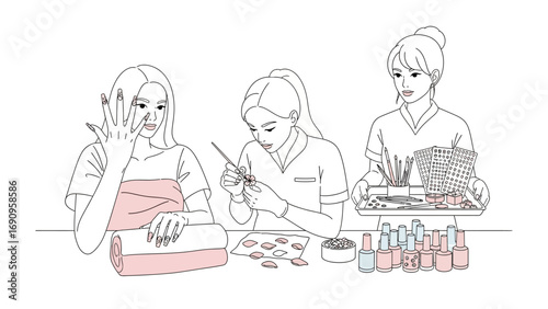 Three women in a beauty salon or spa setting one receiving makeup application another having nails done and a third with beauty products