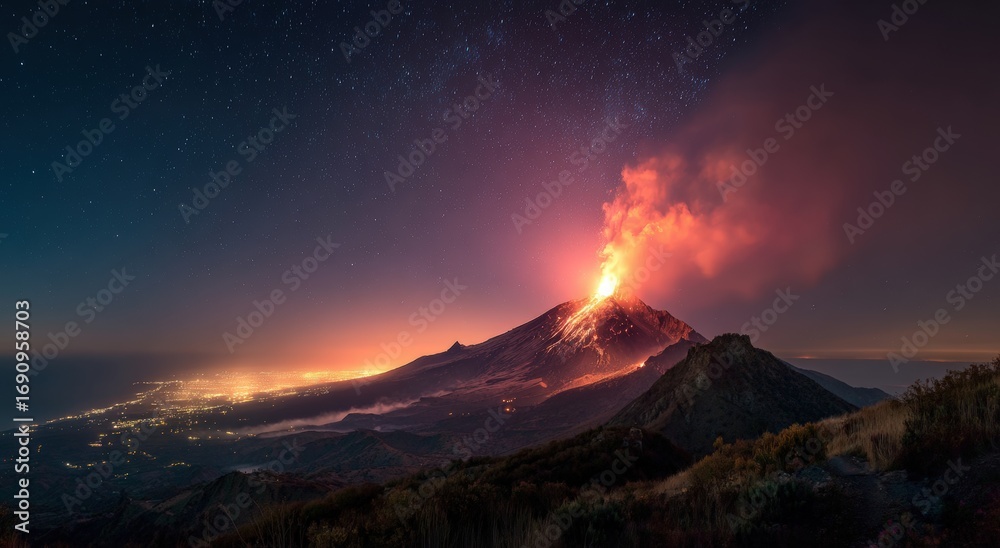 Fototapeta premium Volcanic eruption at night, vibrant colors