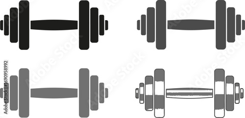 Four detailed dumbbell silhouettes representing strength training and fitness goals vector