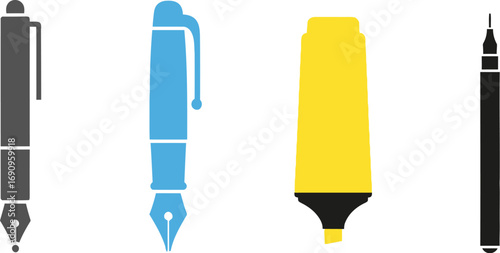 Four writing instruments fountain pen blue pen yellow highlighter stylus tools vector