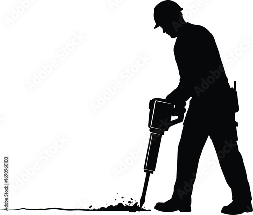 Silhouette of construction worker using jackhammer, drilling pavement, breaking concrete, labor at construction site, heavy equipment operator with protective gear, industrial workforce at job