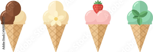 Four delicious ice cream cones with different flavors and toppings vector