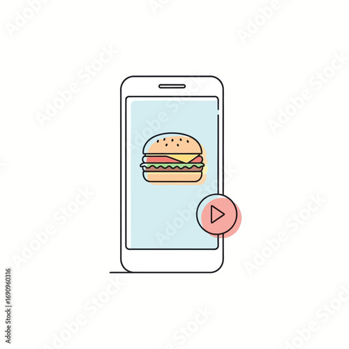 Food video on smartphone icon. Online ordering & recipe app vector concept.