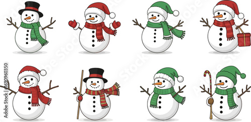 Set of adorable snowmen characters festive winter holiday christmas celebration icons vector
