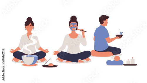 Diverse group of people practicing mindfulness meditation and enjoying a calming tea ceremony in a serene setting