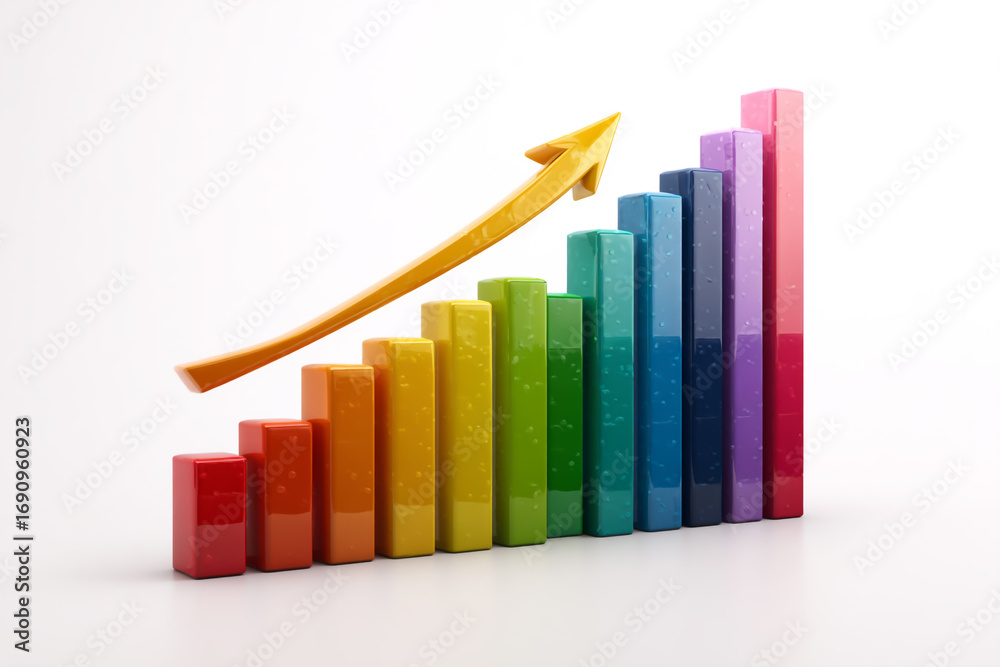 Fototapeta premium Colorful bar chart with upward arrow isolated on white background