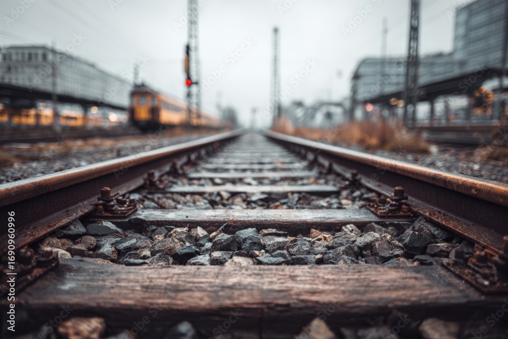 Fototapeta premium Railroad tracks stretching into the distance on a cloudy day