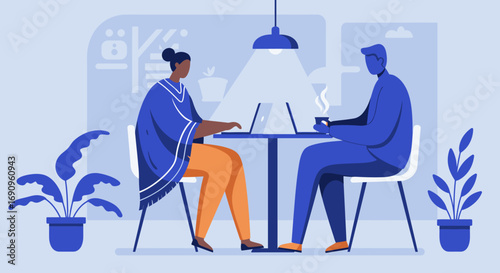 Two people working remotely on laptops in a modern cafe, enjoying coffee. Ideal for remote work, business meetings, or a productive study session. Lifestyle and technology concept.