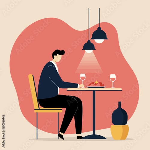 A well-dressed man dines alone at a stylish restaurant table with wine and food under soft lighting, reflecting solitude or a waiting moment.
