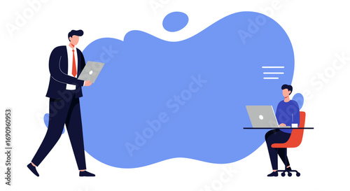 Business professionals use laptops for remote work and digital collaboration. Modern design depicting online communication, teamwork, and productivity in a corporate setting.