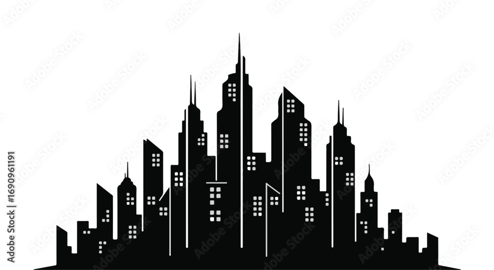 Obraz premium Modern cityscape silhouette with illuminated windows against a white background