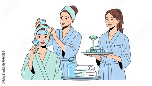 Two young women in bathrobes and headbands performing a relaxing skincare routine with face masks and beauty products