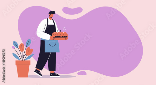 A friendly server or delivery person wearing an apron, presenting a large, hot sandwich, ideal for fast food promotions, restaurant menus, or online delivery service advertisements.