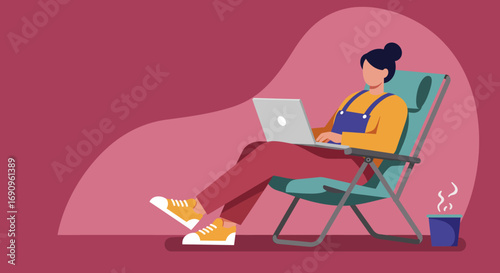 A woman works remotely on her laptop in a comfortable chair, enjoying a hot drink. Represents flexible work, modern lifestyle, and productivity from home.
