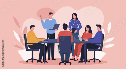 A diverse business team collaborates in a modern office, engaged in a productive meeting. Illustrates teamwork, communication, and corporate strategy.