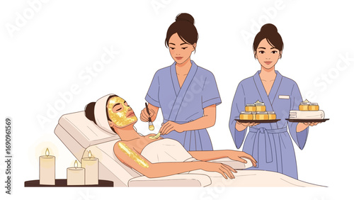 Two spa attendants in blue robes apply a golden facial mask to a woman lying on a massage table with skincare products nearby