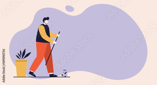 A man with a stick cleaning up, emphasizing responsibility and environmental care. Ideal for concepts of tidiness, sustainability, and daily tasks.