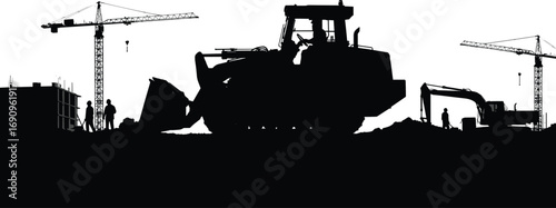 Silhouette of bulldozer, excavator and tower cranes with construction workers at building site, heavy machinery equipment operating in urban industrial development