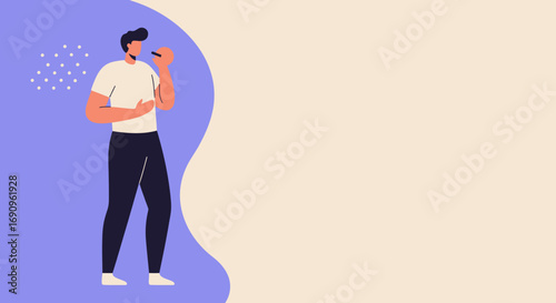 Minimalist illustration of a man evaluating a scent from a yellow object. Ideal for beauty, wellness, sensory experience, product testing, and lifestyle themes.