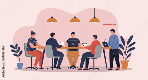 Diverse team collaborating on a project in a modern office space, using laptops and tablets. Represents teamwork, innovation, and digital business solutions.