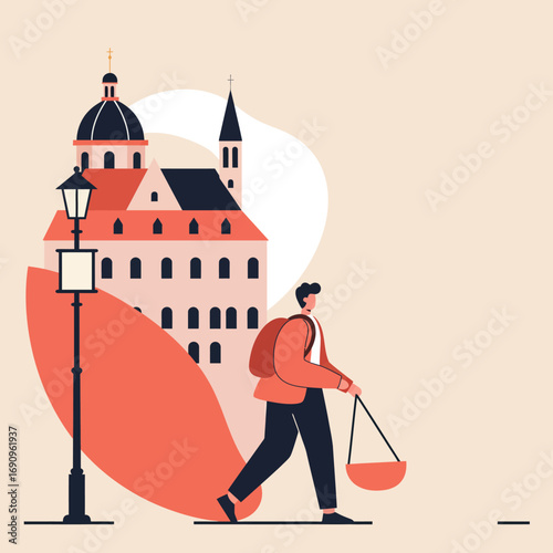 A male traveler explores a charming European city street, passing by historic architecture and a lamppost. Ideal for travel, lifestyle, and urban discovery themes.