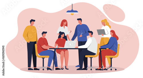 Diverse business team collaborating on a project in a modern office. Ideal for corporate teamwork, meetings, and innovation concepts.