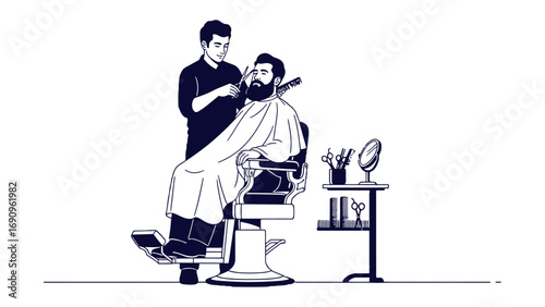 Vintage illustration of a barber meticulously trimming a client s beard with scissors and comb in a classic barber shop setting