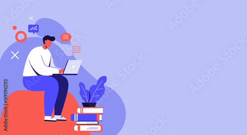 Man focused on laptop, working remotely or studying online amidst abstract shapes and icons. Ideal for business, technology, education, or freelance concepts.