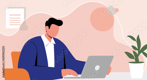 Focused businessman works on laptop in a modern office or home office. Ideal for productivity, remote work, and professional concepts.