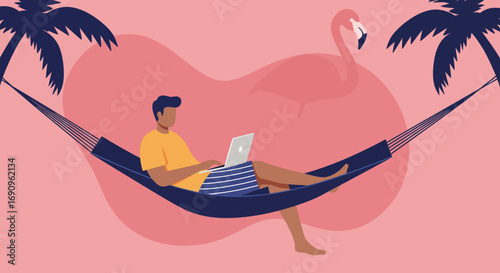 Man working on a laptop while relaxing in a hammock under palm trees, illustrating remote work, flexible lifestyle, and digital nomadism in a tropical setting.