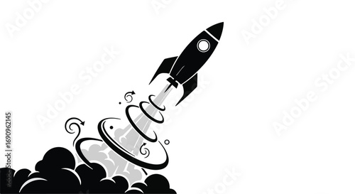 Sleek rocket blasting off into the sky with a trail of smoke and rings, symbolizing innovation and adventure.