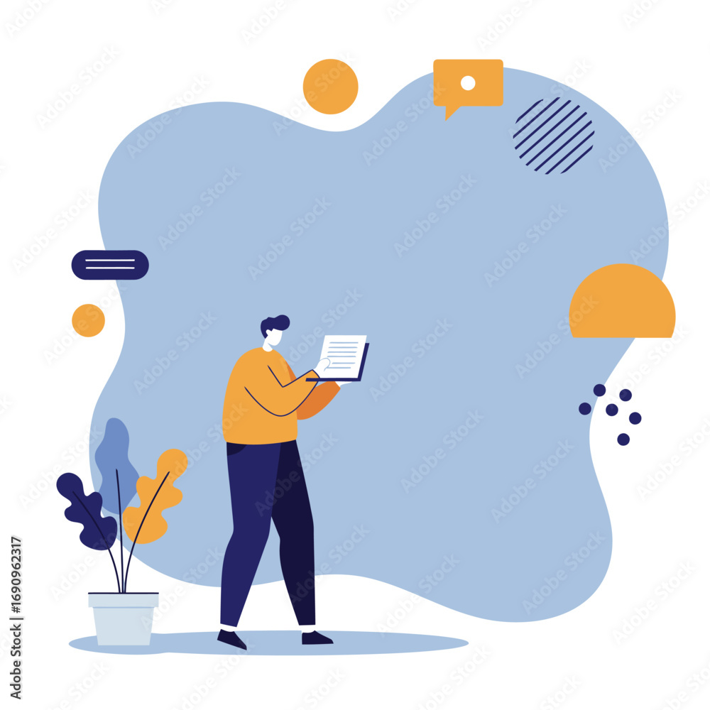 Fototapeta premium Man using a digital tablet for work or study in a modern, abstract setting. Represents concepts of online education, remote productivity, and digital communication.