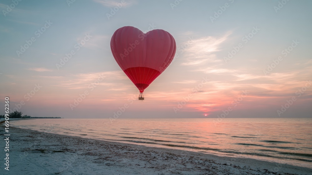 Obraz premium Heart-shaped hot air balloon floats over a beach at sunset